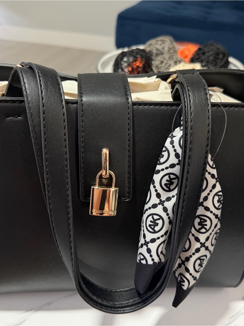 Anne Klein Black Leather Tote with Gold Padlock